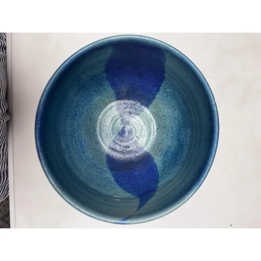 Vintage Handmade Earthenware Serving Bowl‎ In Aqua And Blue 8.5 In